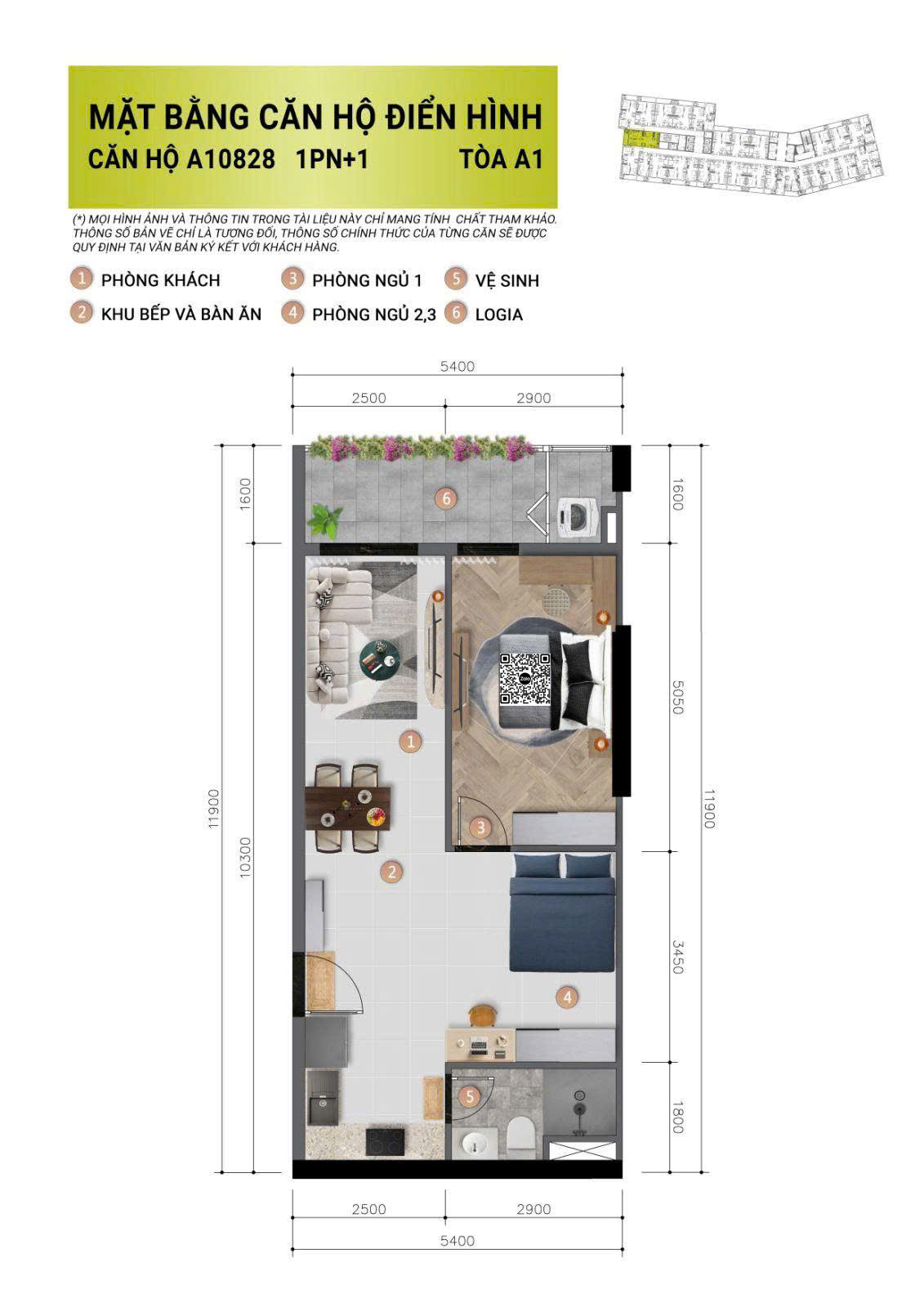 Căn 1 phòng ngủ+ tòa A1, A2 - Diện tích 56.7m2-63.49m2 (DTSD: 52.3m2-53.8m2-59.6m2)