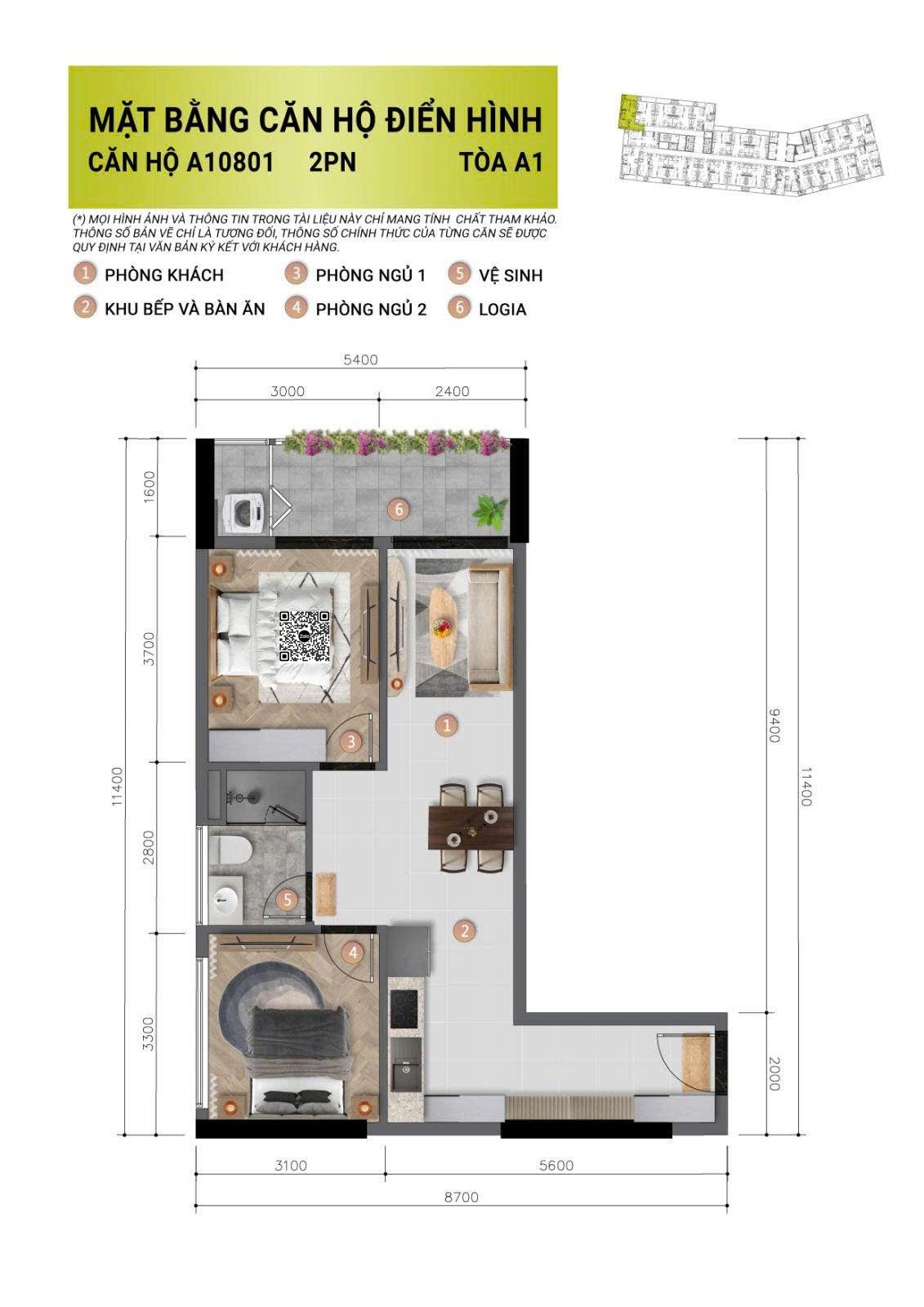 Căn 2 phòng ngủ tòa A1 - Diện tích 66.97m2-79.4m2 (DTSD: 61m2-73.4m2)