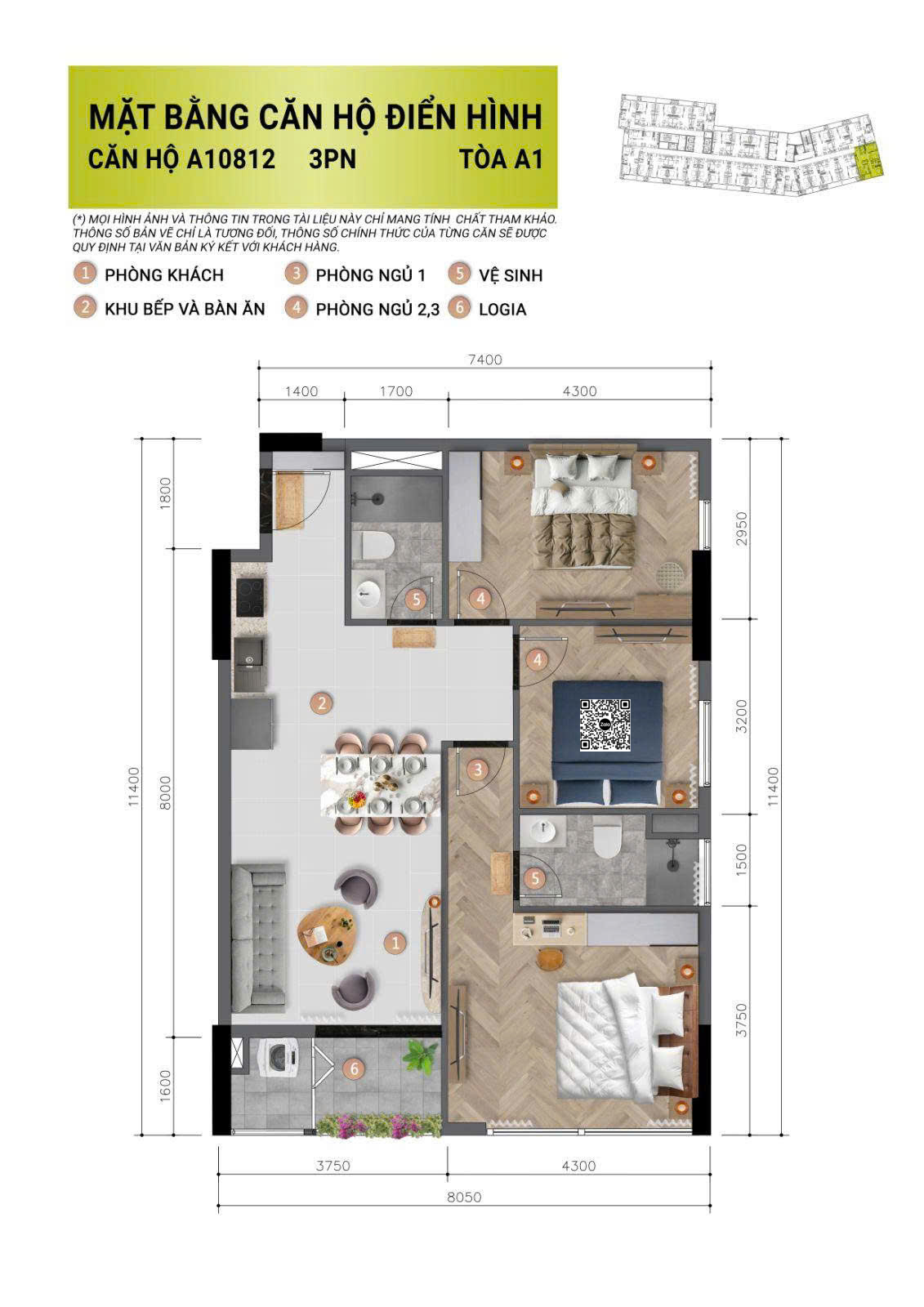 Căn 3 phòng ngủ tòa A1 - Diện tích 85.69m2-86.69m2 (DTSD: 78.9m2)