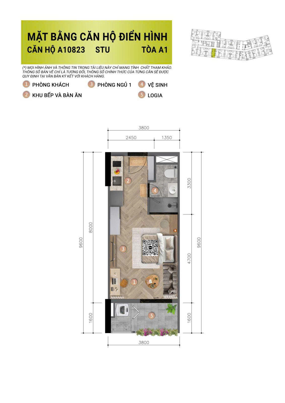 Căn Studio tòa A1 - Diện tích 36.1m2 (DTSD: 32m2)