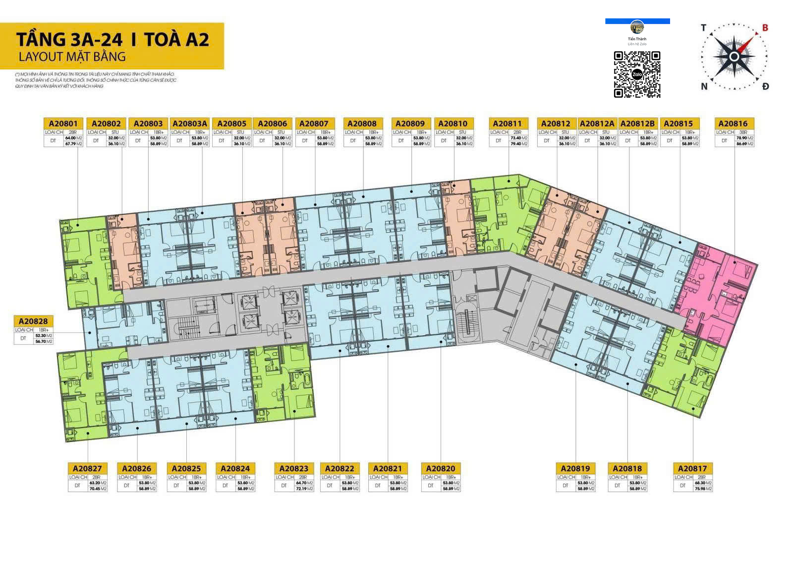 Mặt bằng căn hộ điển hình từ tầng 3A-24 tòa A2 Sun Cora Tower
